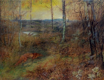 Lot 309 - George James Rankin - Red Fox Prowling an Autumnal Landscape | watercolour