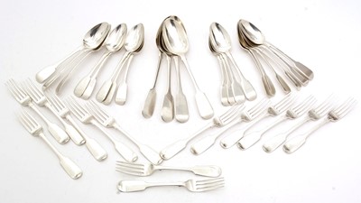 Lot 308 - A collected or Harlequin part-set of silver fiddle pattern flatware