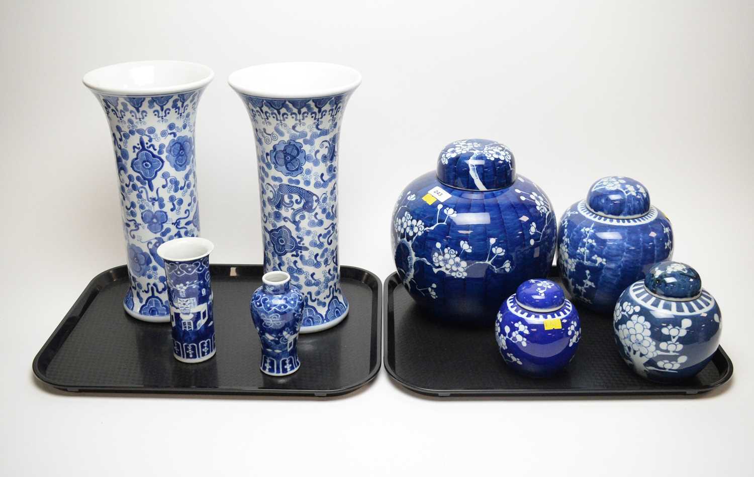 Lot 243 - Four Chinese blue and white ginger jars with covers; together with other blue and white ceramics