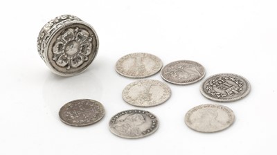 Lot 464 - A very small Charles II silver box; containing various pennies