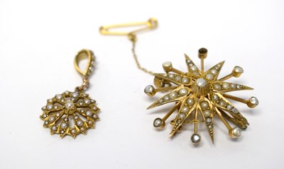 Lot 123 - An Edwardian seed pearl set star pattern brooch and pendant