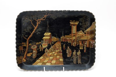 Lot 731 - A 20th Century Chinoiserie decorated black lacquered tray