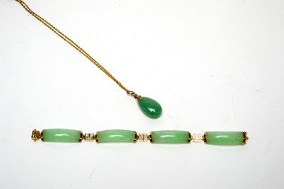 Lot 92 - A Chinese jade and yellow gold bracelet; and a pendant