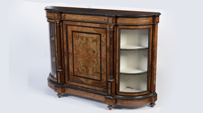 Lot 1402 - A Victorian inlaid burr walnut and ebonized breakfront credenza