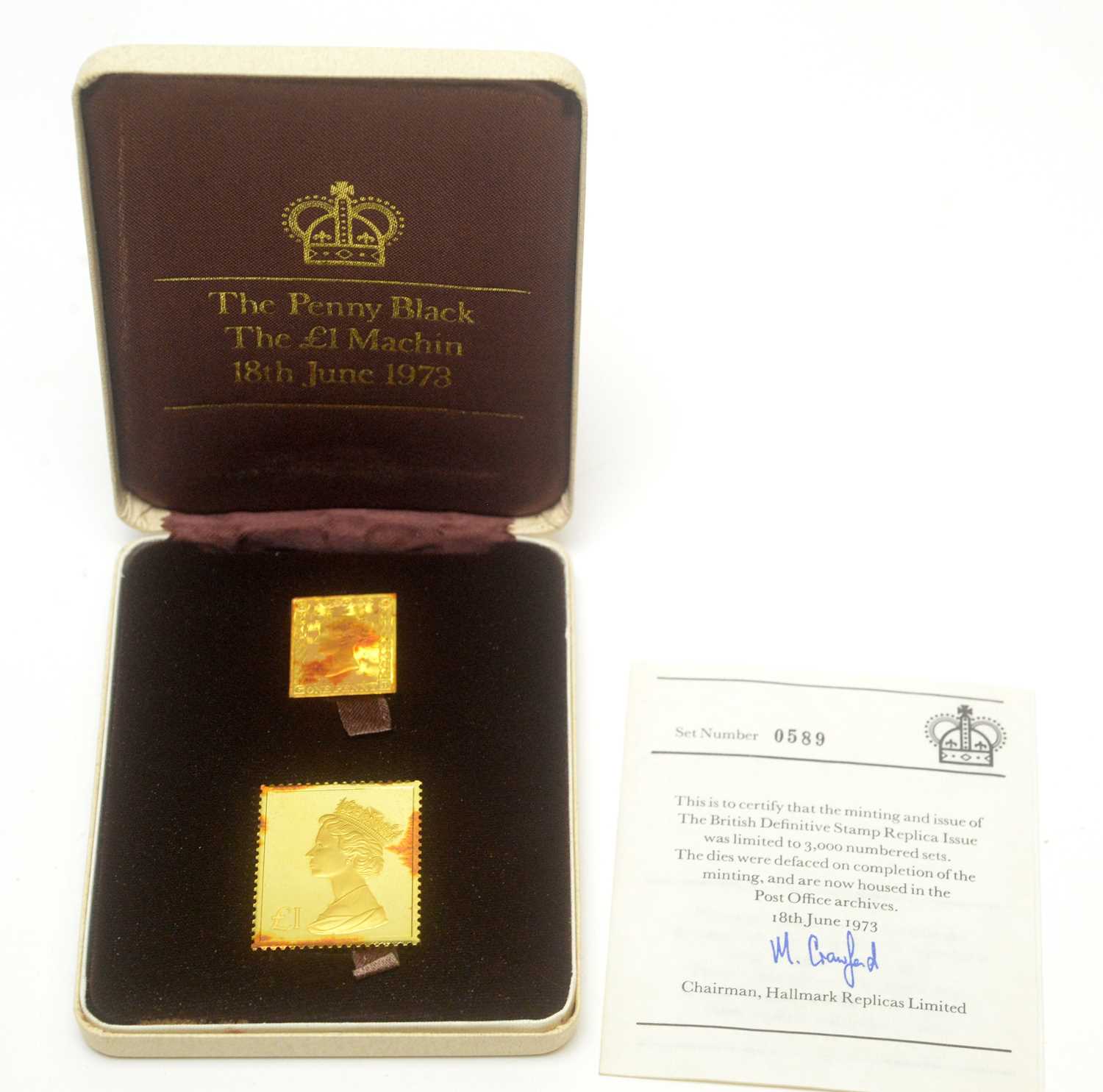 960 - Hallmarks Replica Limited The Penny Black and The £1 Machin stamp replicas,