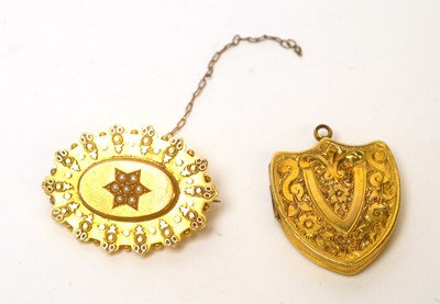 Lot 99 - Two Victorian 15ct yellow gold brooches; and a locket