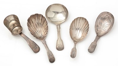 Lot 380 - A George IV engraved silver caddy spoon;  and four others, various