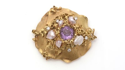 Lot 743 - A 1970s 18ct yellow gold, amethyst, diamond and baroque pearl brooch