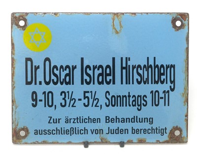 Lot 1100 - A Second World War period enamel sign from the clinic of Jewish doctor Dr. Oscar Israel Hirschberg