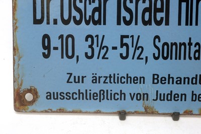 Lot 1100 - A Second World War period enamel sign from the clinic of Jewish doctor Dr. Oscar Israel Hirschberg