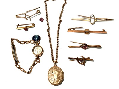 Lot 163 - A gold watch, brooches; and an oval pendant