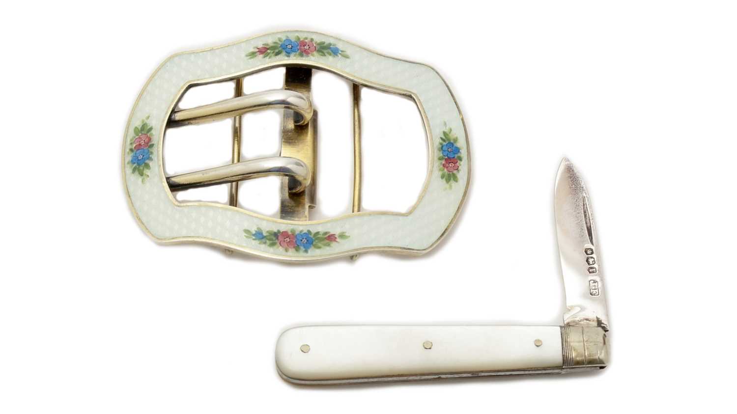Lot 469 - A Continental silver-gilt penknife and enamelled buckle