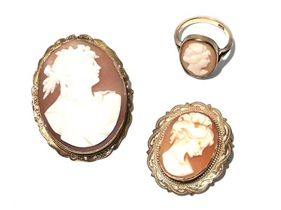 Lot 155 - Two cameo brooches and a ring