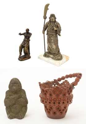 Lot 746 - A 20th Century hollow cast patinated bronze model of a fighting Chinese monk, and other items