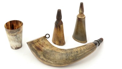 Lot 1071 - A buffalo horn powder flask, later decorated with whaling scene, and other items