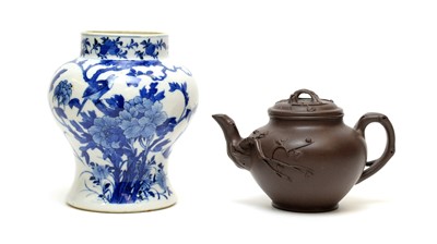 Lot 813 - A Chinese blue and white baluster jar, and Yixing teapot