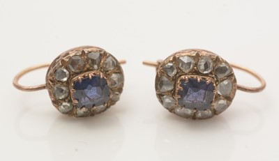 Lot 628 - A pair of Victorian blue-stone and diamond cluster earrings