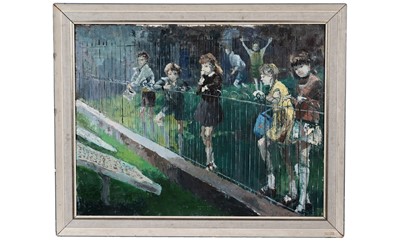 Lot 769 - Joyce Mary Tully - Children and Railings | oil