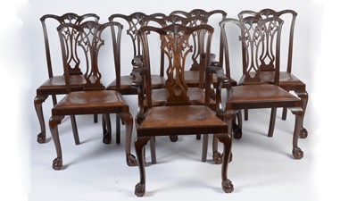 Lot 1411 - A set of eight George III style mahogany dining chairs in the Chippendale taste