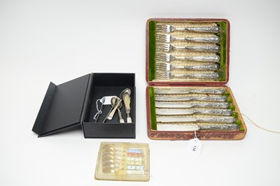 Lot 130 - A cased set of silver handled Kings pattern knives and forks; and other items