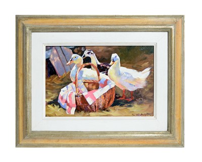 Lot 1128 - Wendy Stevenson - Three Ducks and a Basket | oil