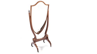 Lot 1309 - An elegant Edwardian inlaid mahogany cheval mirror.