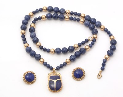 Lot 663 - An Egyptian lapis lazuli and gold necklace, and a pair of earrings