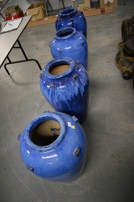 Lot 382 - Two pairs of blue glazed stoneware garden pots