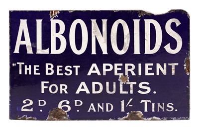 Lot 196 - An enamel advertising sign - Albonoids, The Best Aperient for Adults