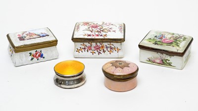 Lot 503 - Three enamel snuff boxes, a patch box, and a silver pill box.