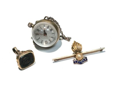 Lot 175 - A fob watch; a fob seal; and an enamelled brooch