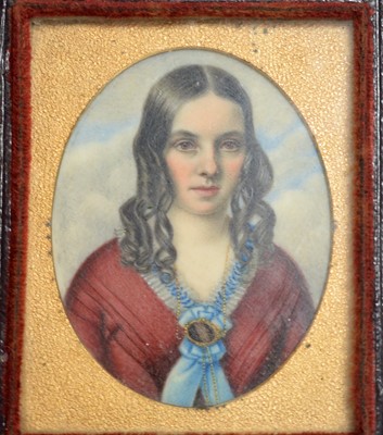 Lot 240 - 19th Century British School - Portrait of a young lady in a crimson dress | tempera