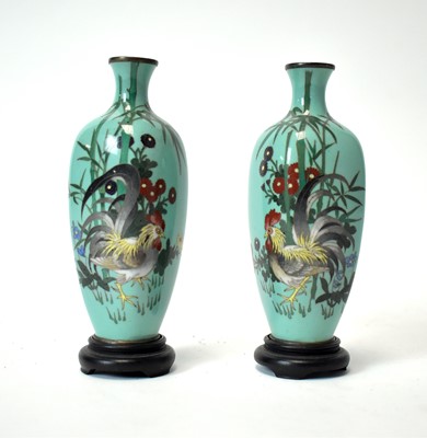 Lot 438 - A pair of Japanese cloisonné enamel cockerel vases