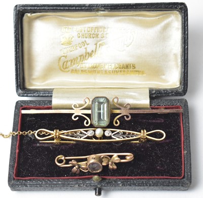 Lot 223 - A diamond and pearl brooch; and two others
