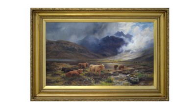 Lot 1182 - Louis Bosworth Hurt - Highland Cattle by Loch Slapim, Isle of Sky | oil