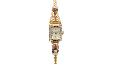 Lot 590 - Tarema: an Art Deco ruby and diamond set manual wind cocktail watch