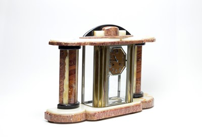 Lot 1248 - A French Art Deco cream and brown veined marble four glass mantel clock