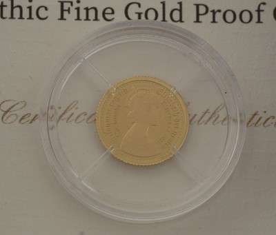 Lot 101 - A Queen Elizabeth II gold proof coin; and two one-eighth sovereigns