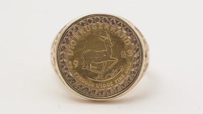 Lot 103 - A South African 1/10 oz gold Krugerrand coin in ring mount