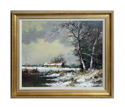 Lot 1101 - G. Percy - Snowy Winter Scene with a Croft by a Loch | oil