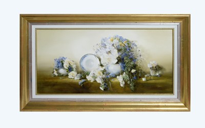 Lot 1123 - Judith Levin - Still Life with Flowers and Porcelain | acrylic