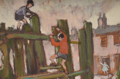 Lot 691 - Norman Stansfield Cornish - Boys Climbing a Fence | oil