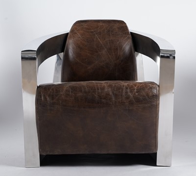 Lot 59 - Timothy Oulton - Mars Chair: A modern leather and polished steel Art Deco inspired armchair