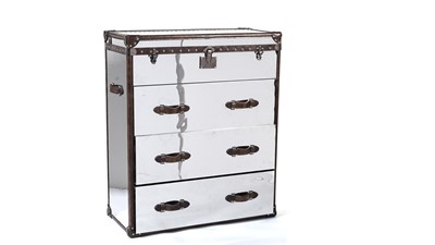 Lot 60 - Timothy Oulton – Stonyhurst: A modern polished steel and studded leather chest of drawers