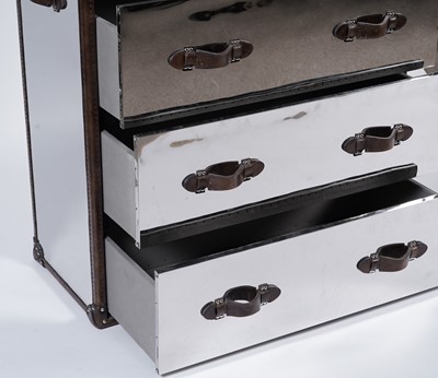 Lot 60 - Timothy Oulton – Stonyhurst: A modern polished steel and studded leather chest of drawers