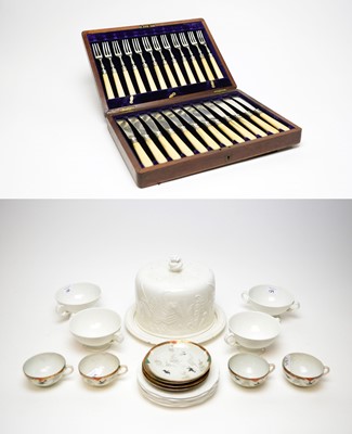 Lot 84 - A Victorian walnut canteen of cutlery and a selection of ceramics