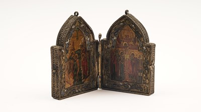 Lot 460 - A champleve enamel diptych Christian icon