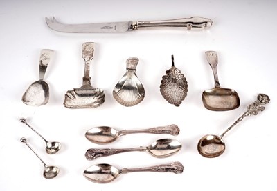 Lot 405 - A selection of silver caddy spoons and other cutlery