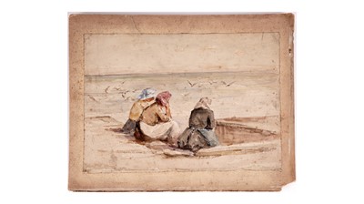 Lot 600 - Robert Jobling - Three Staithes Fisherwives at the Harbour | watercolour