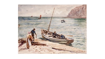 Lot 610 - Robert Jobling - Preparing the Boat at Staithes | watercolour